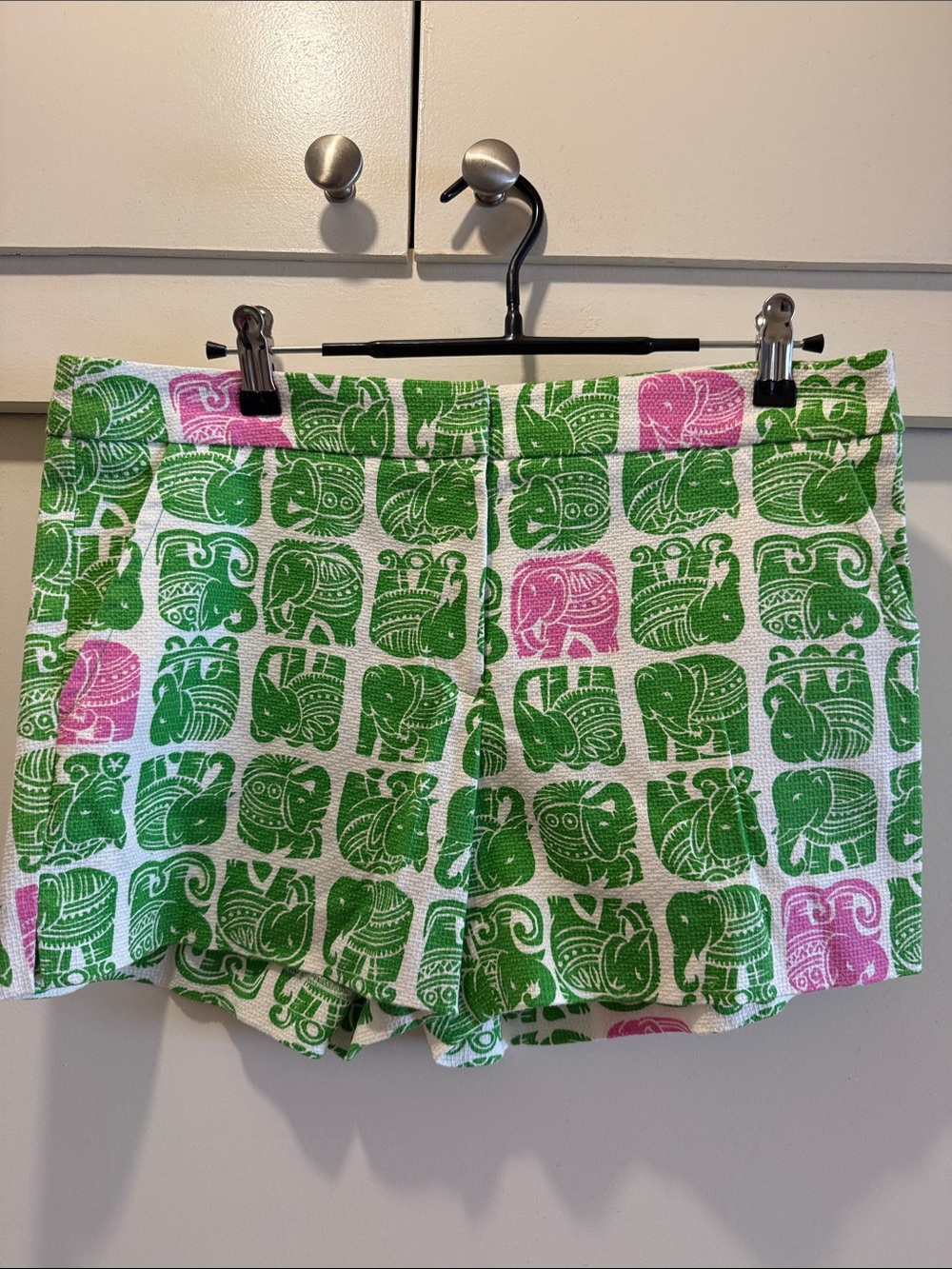 Trina Turk Green & Pink Elephant Print Cotton Shorts